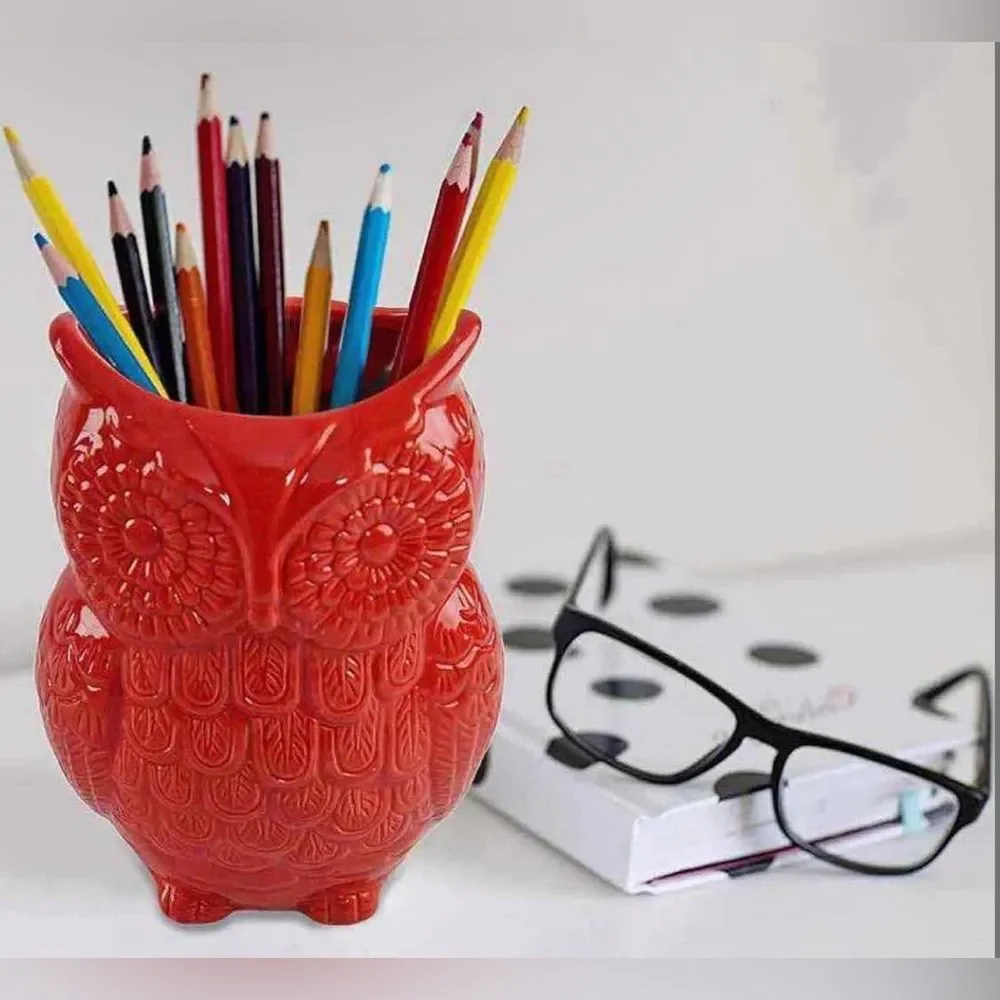 Home-X Red Large Ceramic Owl Kitchen Utensil Holder Caddy Farmhouse Decor NIB